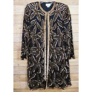 Vintage Duster Evening Jacket Medium Black Silk Sequins Open Front Dan Chho